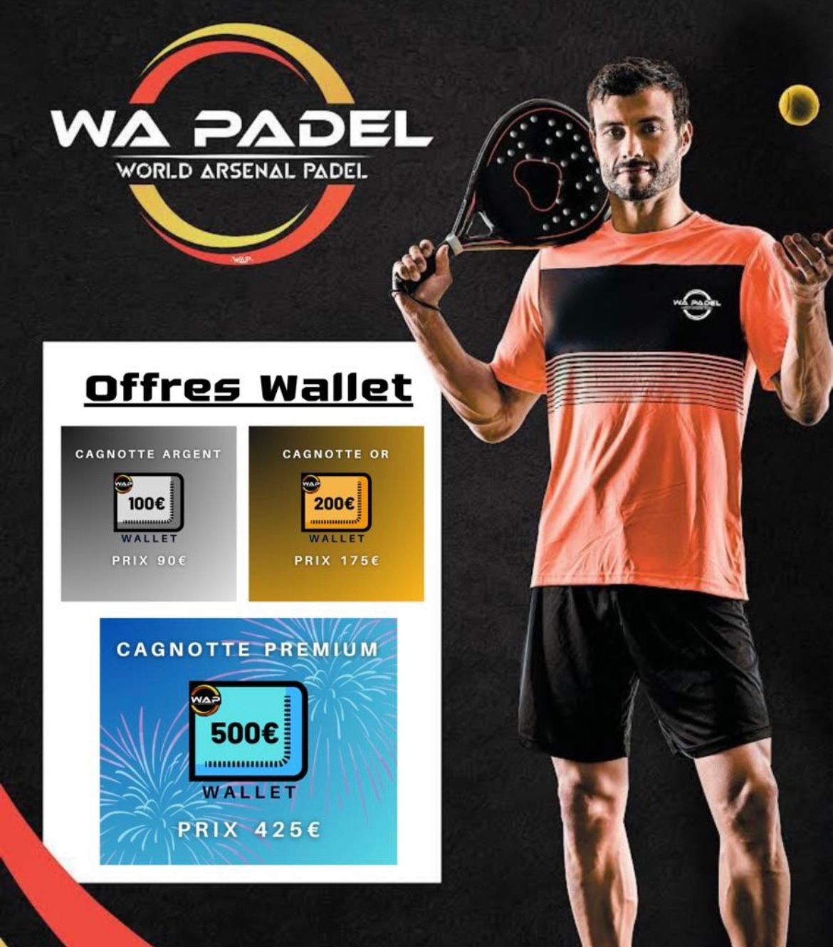 WA Padel promotional poster featuring various wallet offers and a player holding a padel racket.