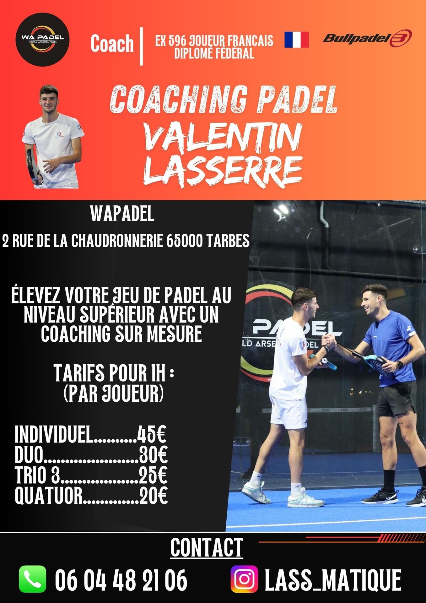 Padel coaching poster featuring Valentin Lasserre, with session prices and contact details.